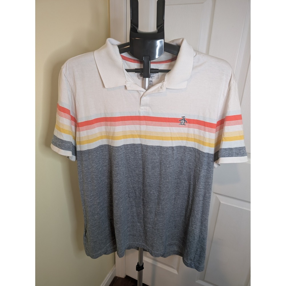 Original Penguin Polo Shirt Mens XXL White Grey Striped Colorblock Heritage Logo